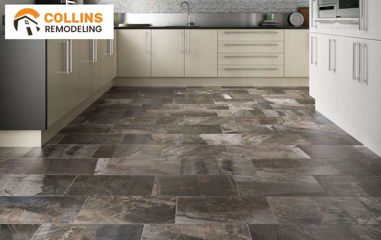 Blod tile flooring in a contemporary kitchen setting