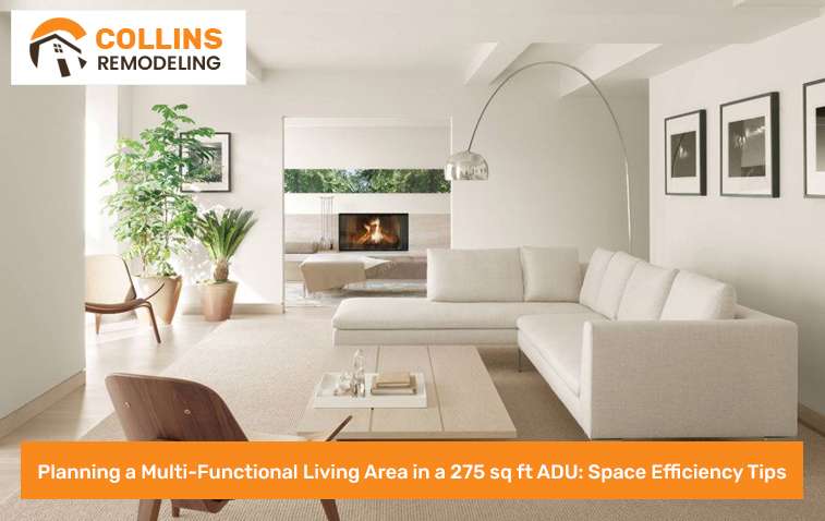 Cozy multi-functional living room in a 275 sq ft ADU featuring a sofa bed and space-saving furniture.