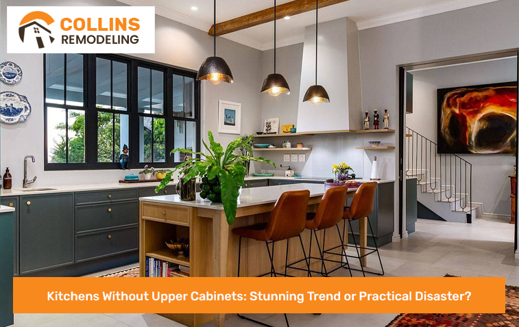 Modern kitchen design without upper cabinets, showcasing open shelves and clean lines.